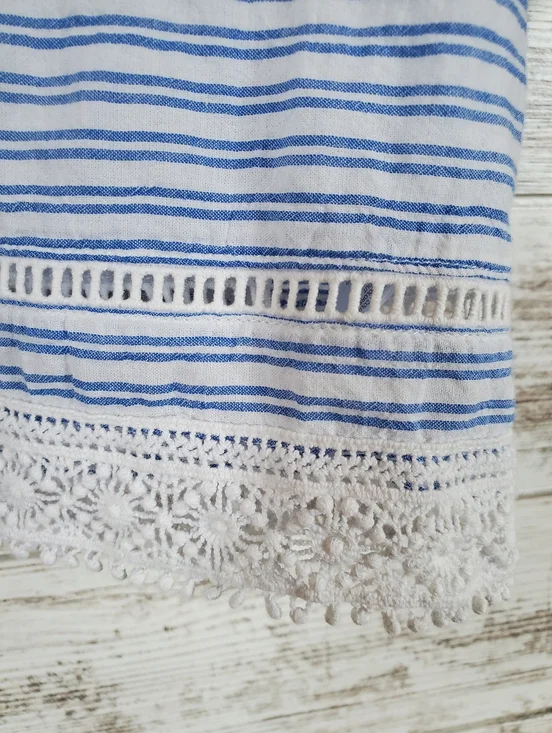 Democracy Blue Striped Boho Peasant Top with Red Embroidery and Lace Trim - Picture 11 of 14